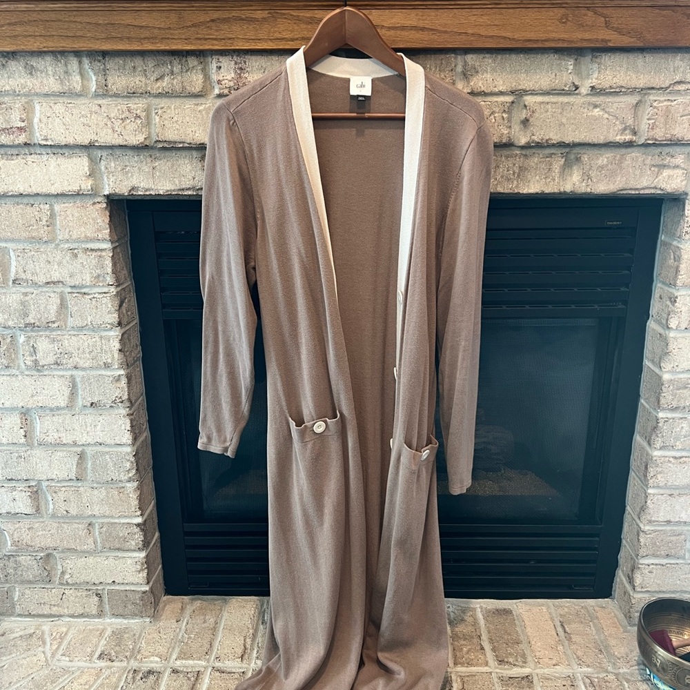 Cabi Taupe & Cream Long Duster Cardigan -